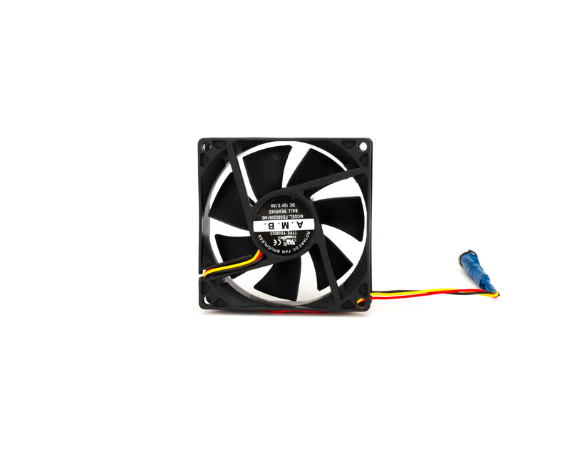 Small, black plastic fan, in square frame with mounting holes; yellow, red, and black wires twisted together to a male screwable connector.
