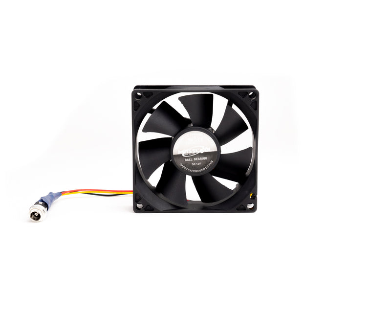 Small, black plastic fan, in square frame with mounting holes; yellow, red, and black wires twisted together to a male screwable connector.