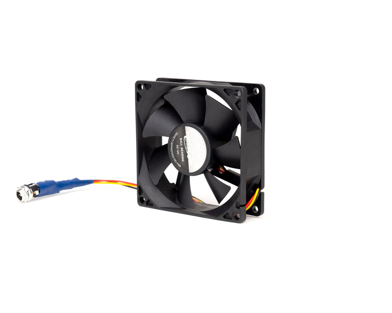 Small, black plastic fan, in square frame with mounting holes; yellow, red, and black wires twisted together to a male screwable connector.
