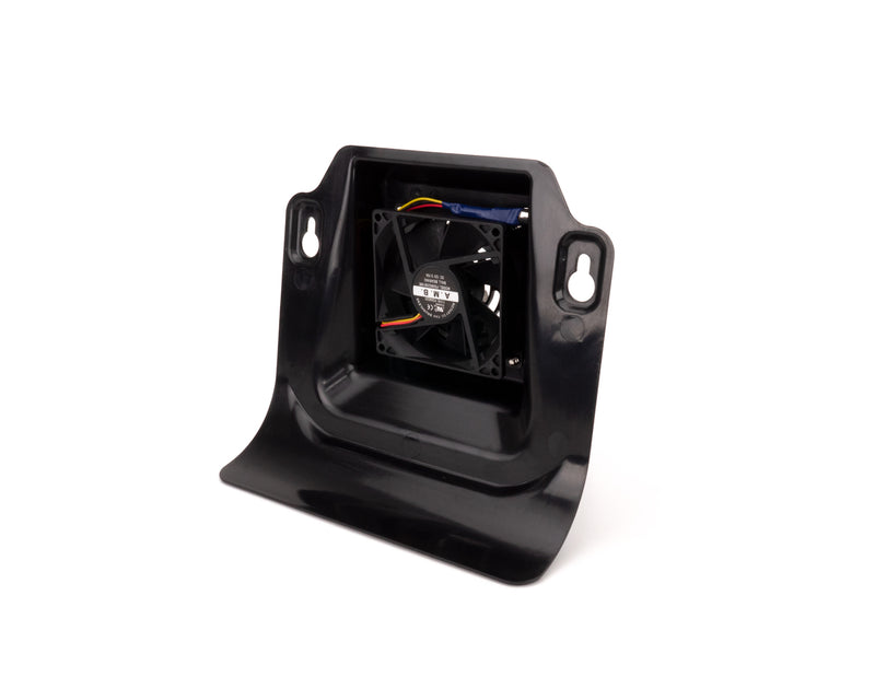 Small fan, encased in a black plastic frame with holes to secure to cloner body.