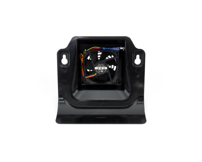 Small fan, encased in a black plastic frame with holes to secure to cloner body.