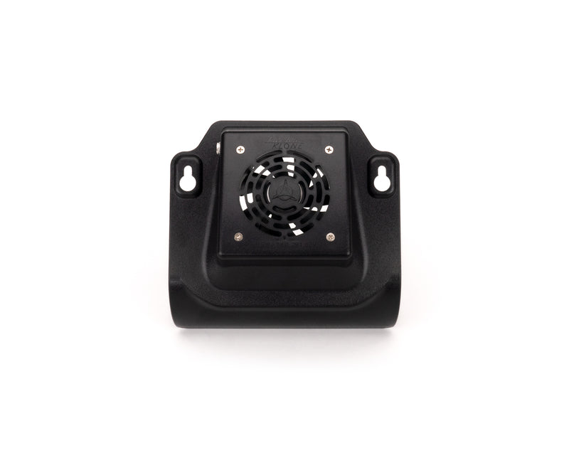 Small fan, encased in a black plastic frame with holes to secure to cloner body.